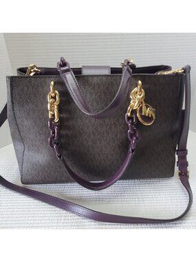 Michael Kors Cynthia Small Signature Satchel Purse 10.5x9 Brown Purple Monogram